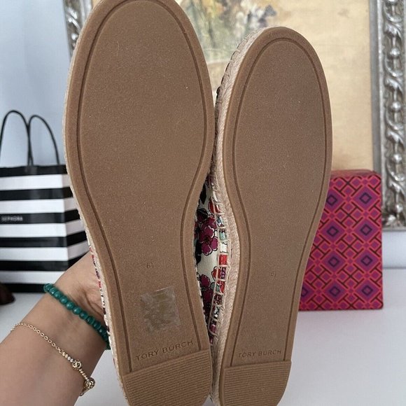 Tory Burch Color Block Flat Espadrilles Printed Canvas Nappa Leather Size 6.5 - Picture 5 of 7